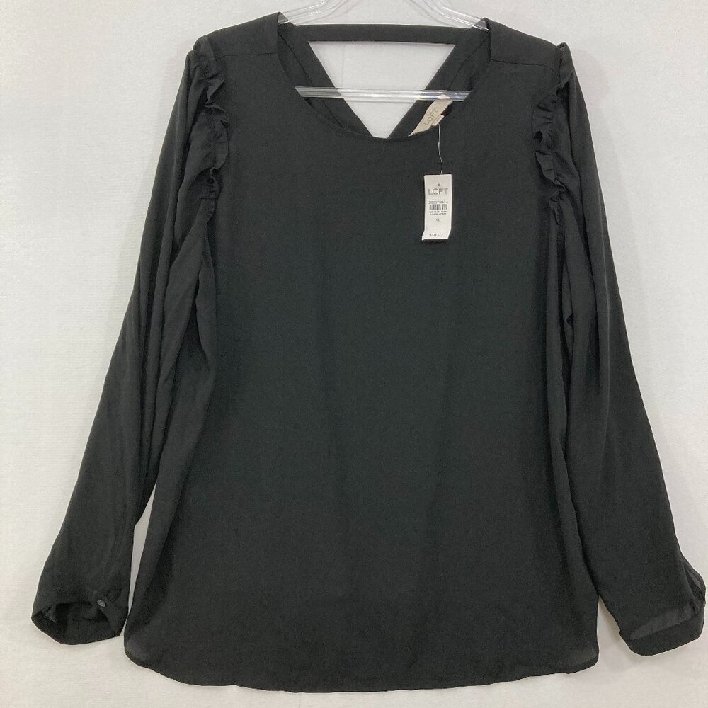 New LOFT size XL Black Round Neck Ruffle Sleeve Soft Flowy Blouse Office Work